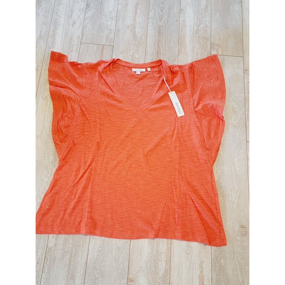 Chico's 2 Cotton Slub T-Shirt Flutter‎ Ruffle Sleeve Orange Blossom Large NWT - Picture 7 of 8